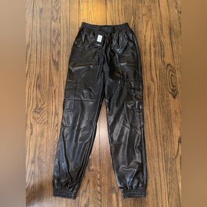 Women’s  Black Faux Leather Cargo Pants -